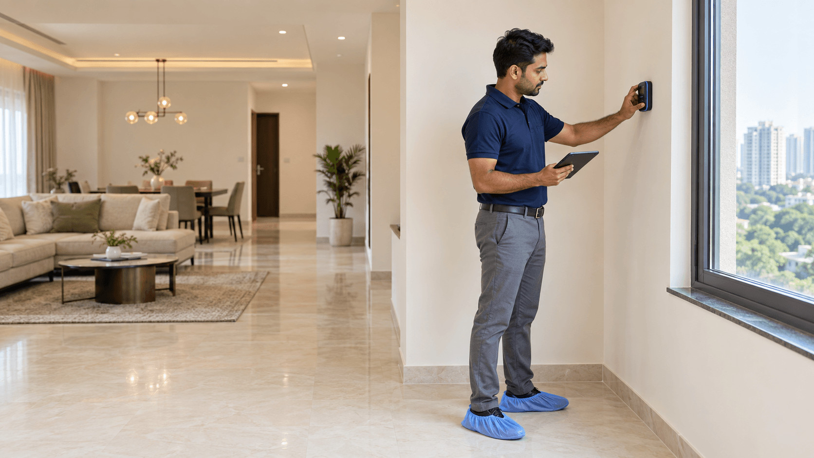 Home inspector checking a wall-mounted device in a finished apartment
